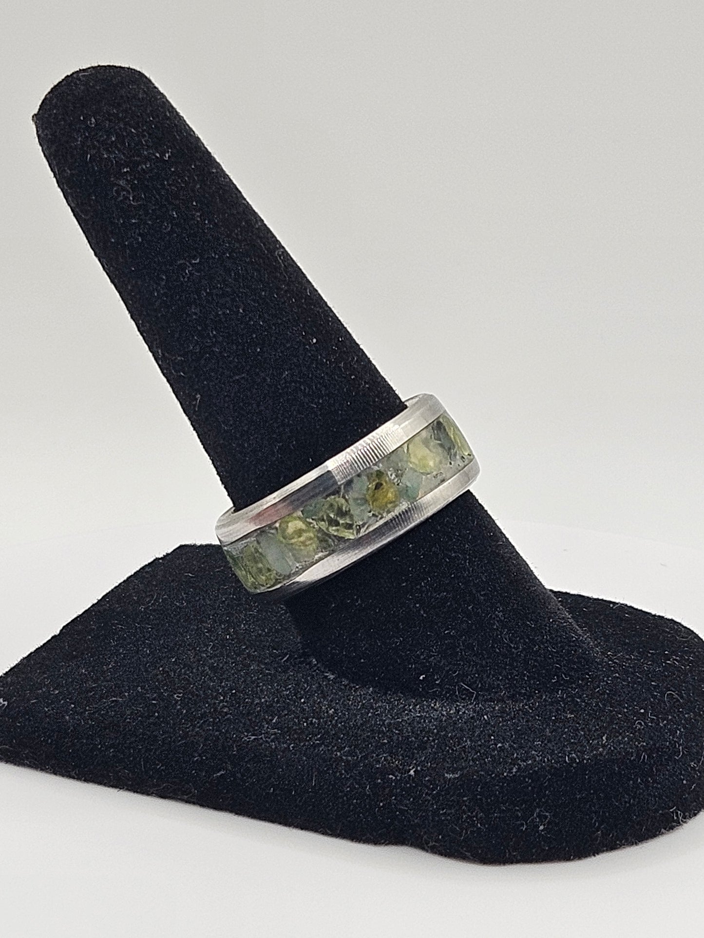 Peridot and Emerald mix Stainless Steel sizes 7-12 8mm width