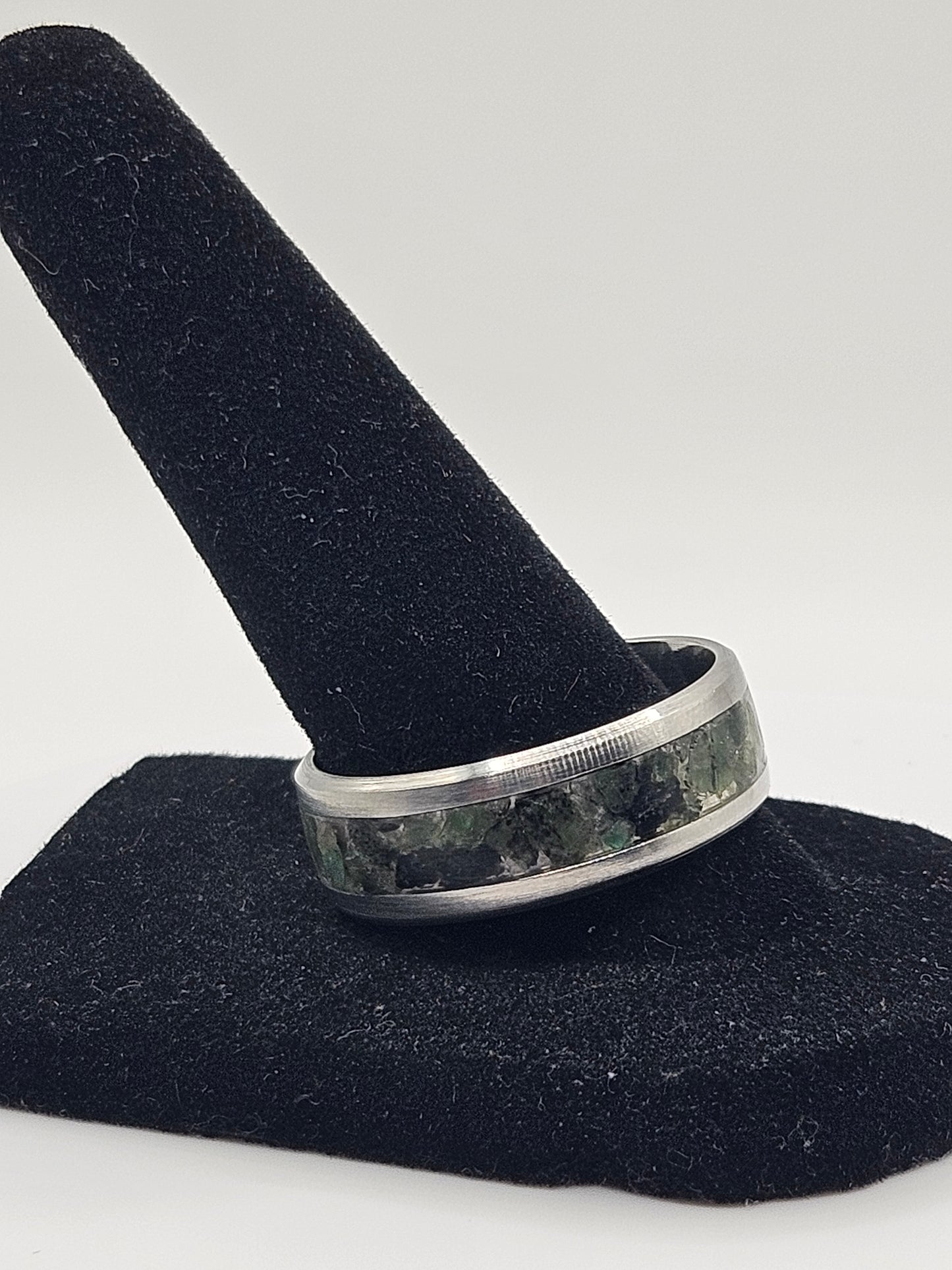 May's Birthstone Emerald Stainless Steel sizes 7-12 8mm width