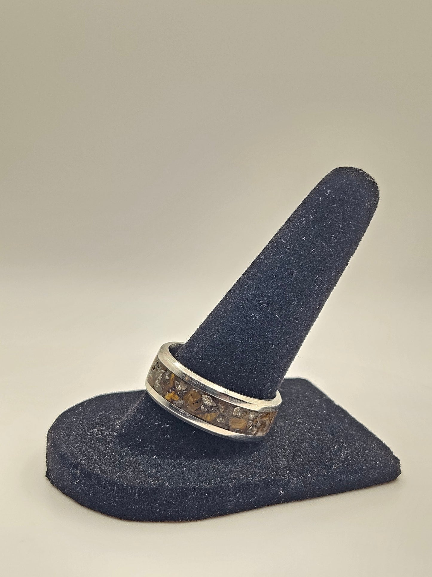 Tigers Eye Silver Inclusions Stainless Steel Ring Size 8 8mm Width