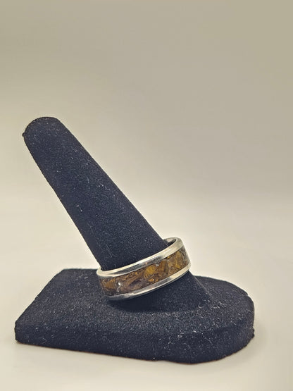 Tigers Eye Silver Inclusions Stainless Steel Ring Size 8 8mm Width