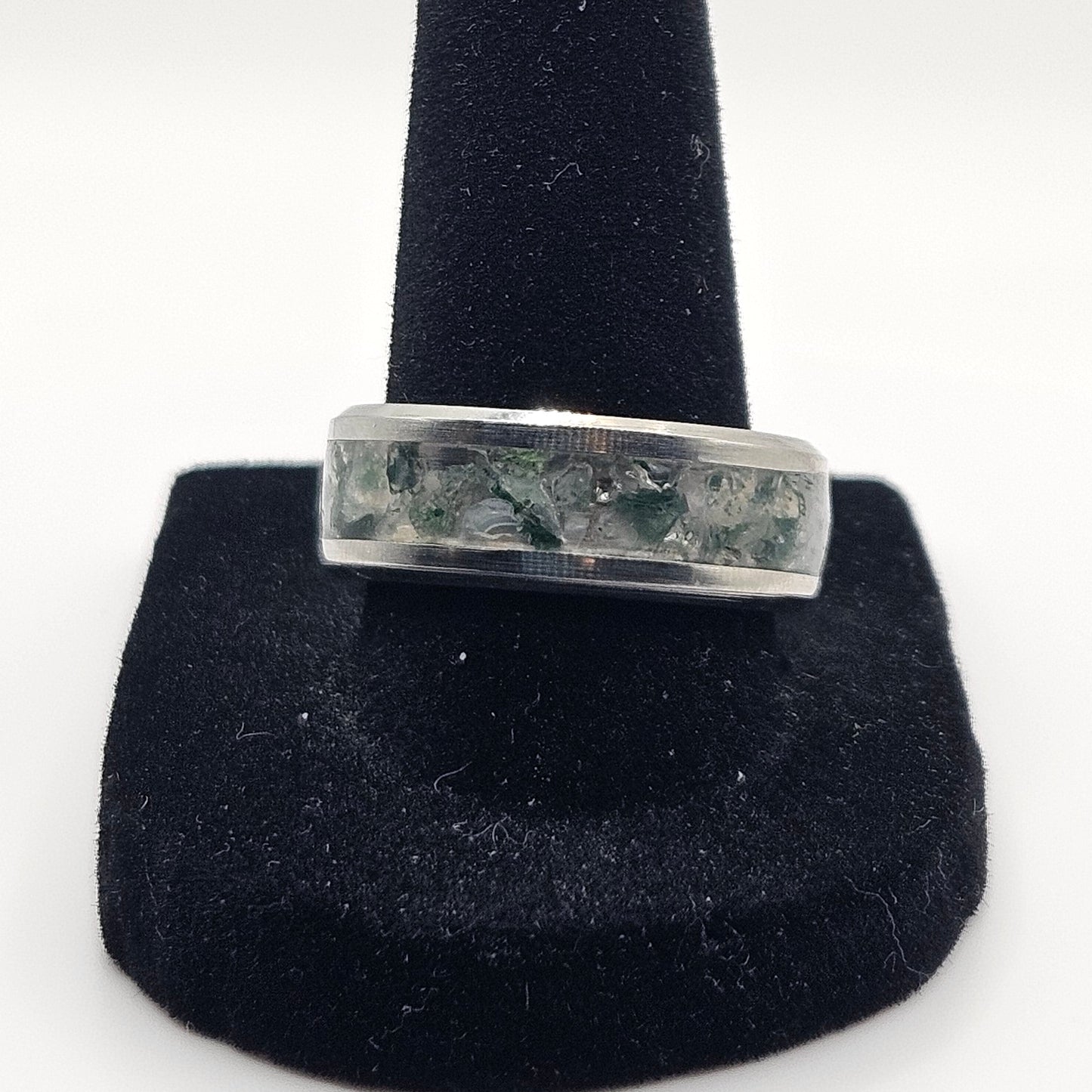 Moss Agate Stainless Steel Ring Sizes 4.5-12 Widths 8mm,6mm,2mm