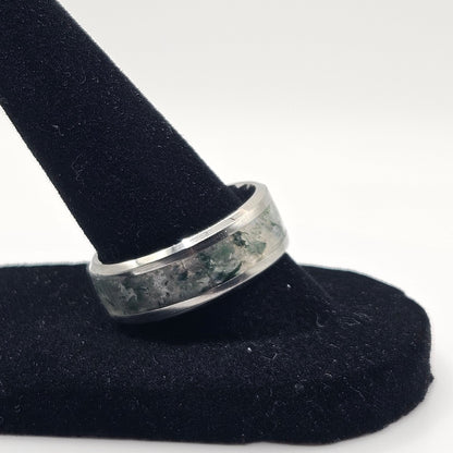Moss Agate Stainless Steel Ring Sizes 4.5-12 Widths 8mm,6mm,2mm