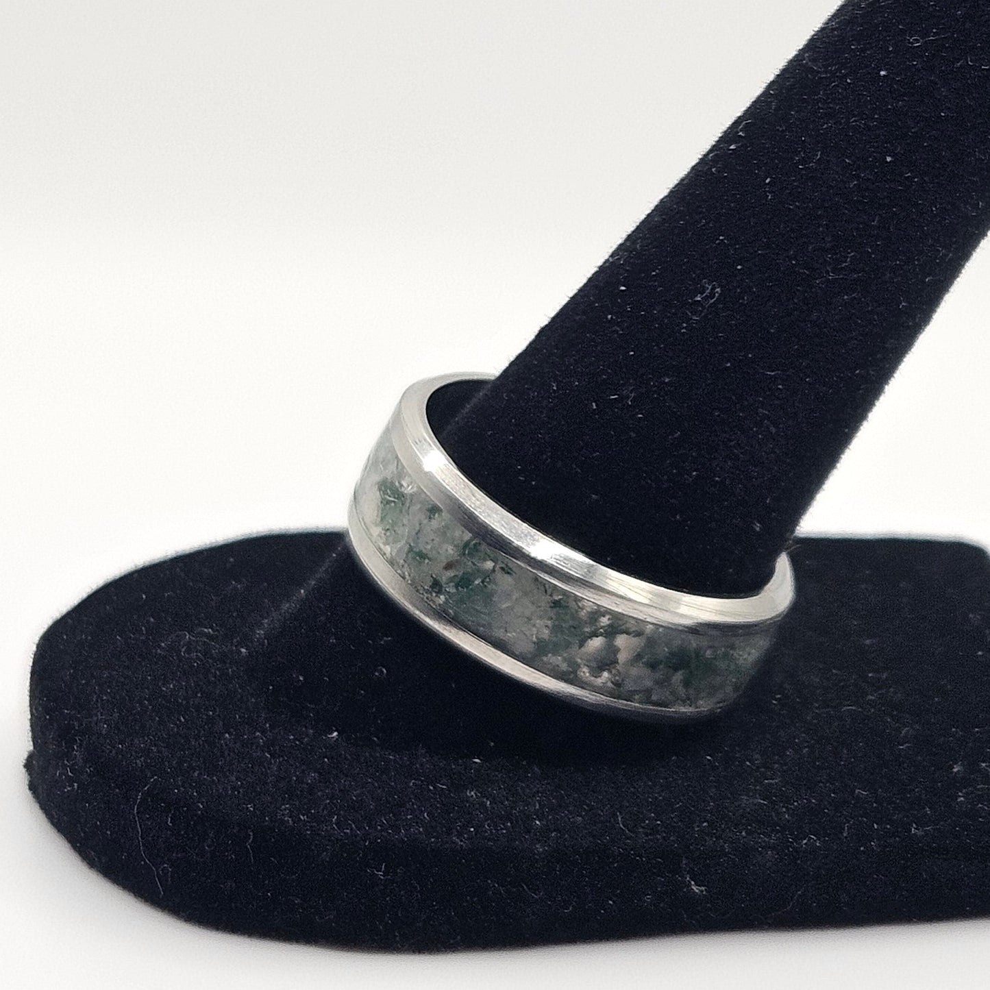 Moss Agate Stainless Steel Ring Sizes 4.5-12 Widths 8mm,6mm,2mm