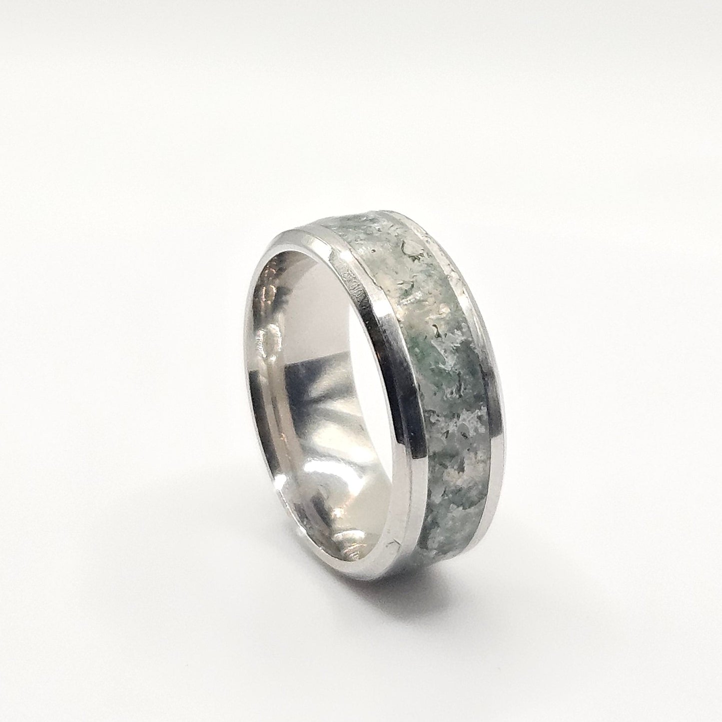 Moss Agate Stainless Steel Ring Sizes 4.5-12 Widths 8mm,6mm,2mm