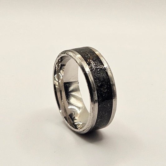 Silver ring with black interior on a light gray background