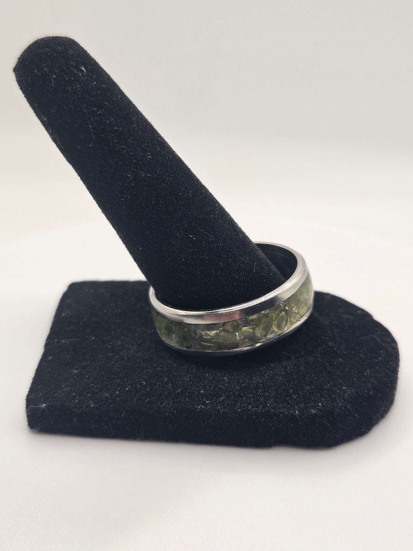 August's birthstone Peridot Stainless Steel sizes 7-12 8mm width