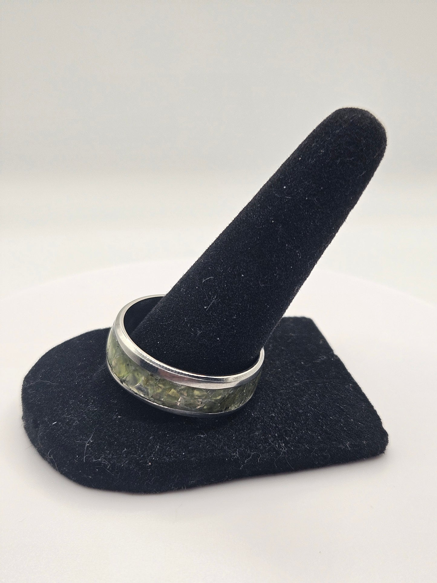 August's birthstone Peridot Stainless Steel sizes 7-12 8mm width