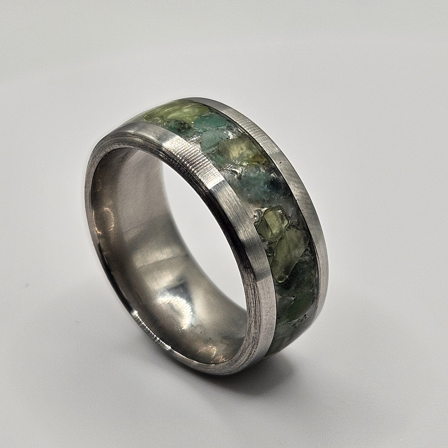 Peridot and Emerald mix Stainless Steel sizes 7-12 8mm width