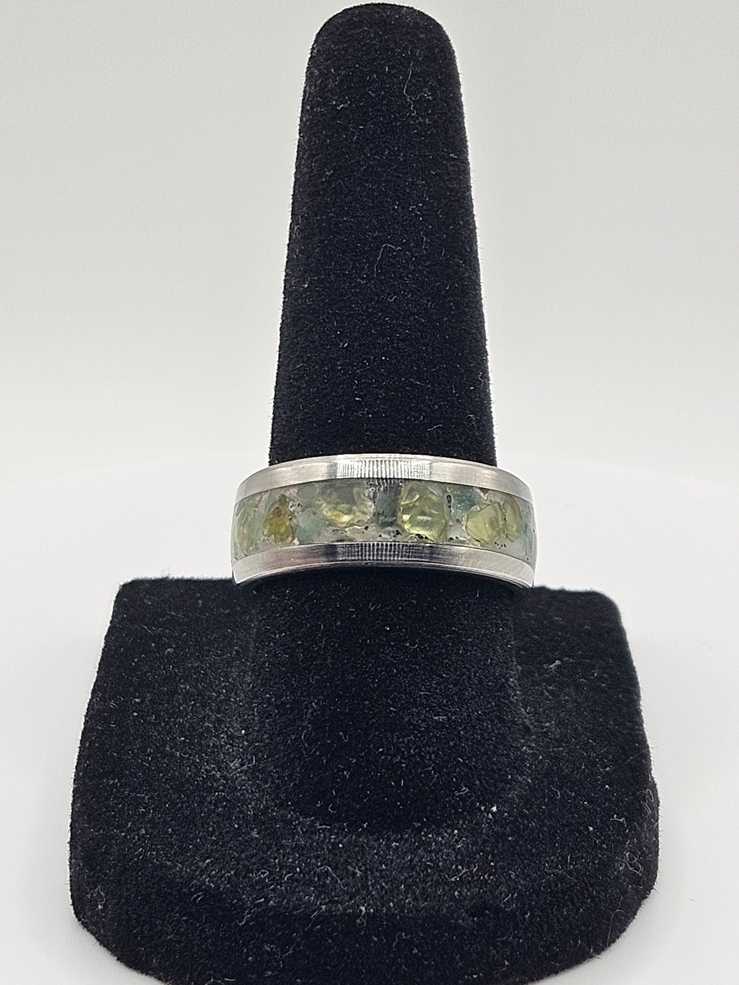 Peridot and Emerald mix Stainless Steel sizes 7-12 8mm width