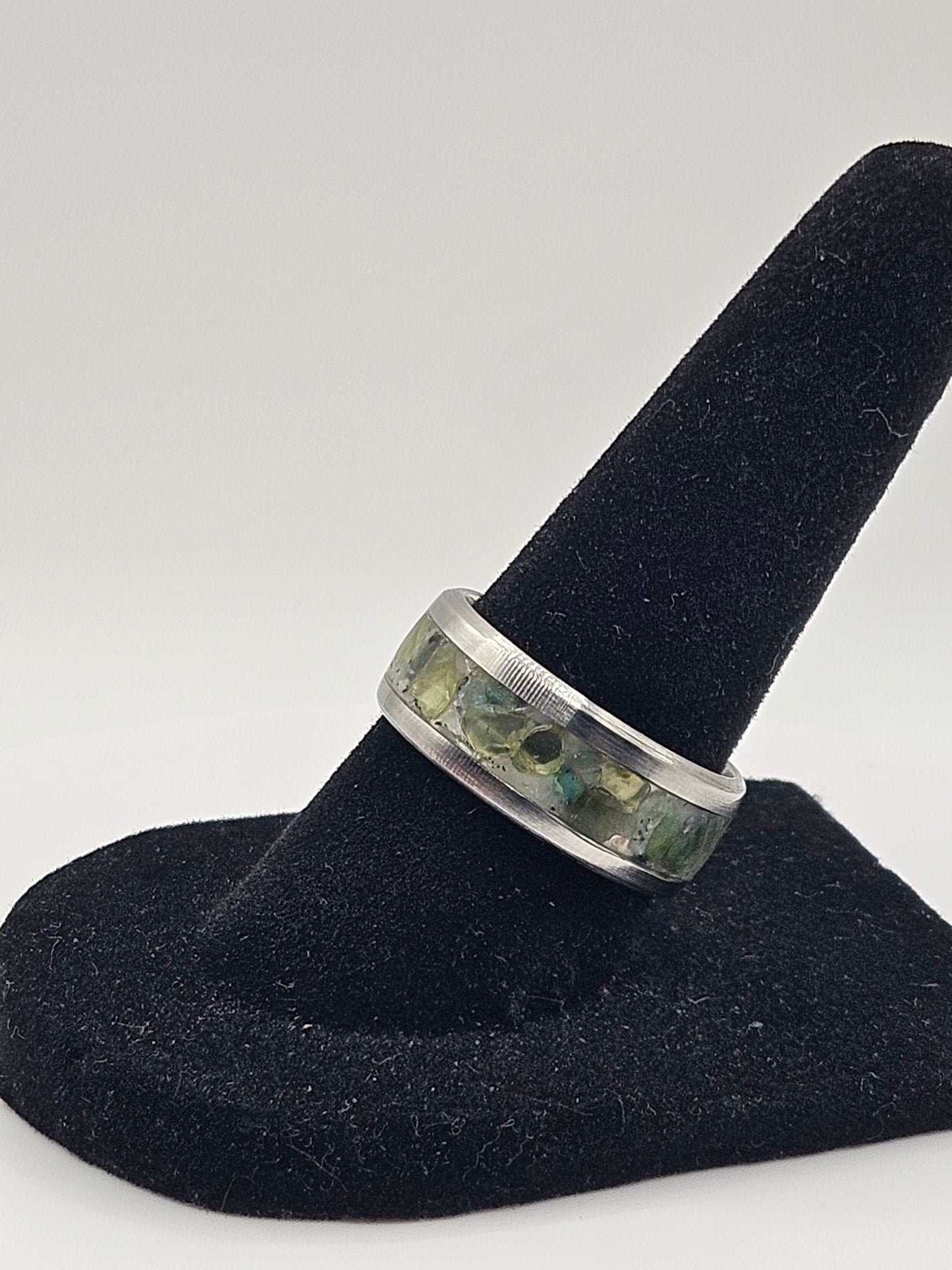 Peridot and Emerald mix Stainless Steel sizes 7-12 8mm width