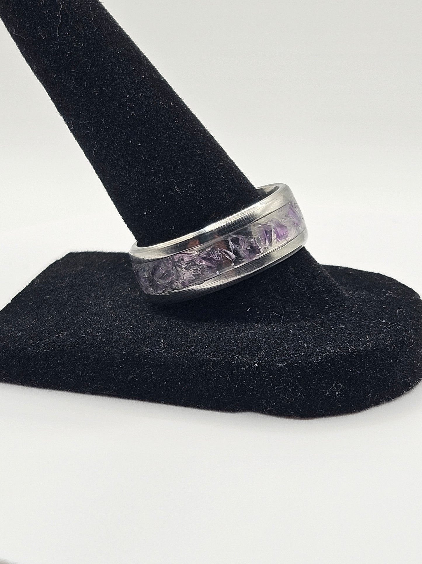 February's birthstone Amethyst Stainless Steel sizes 7-12 8mm width