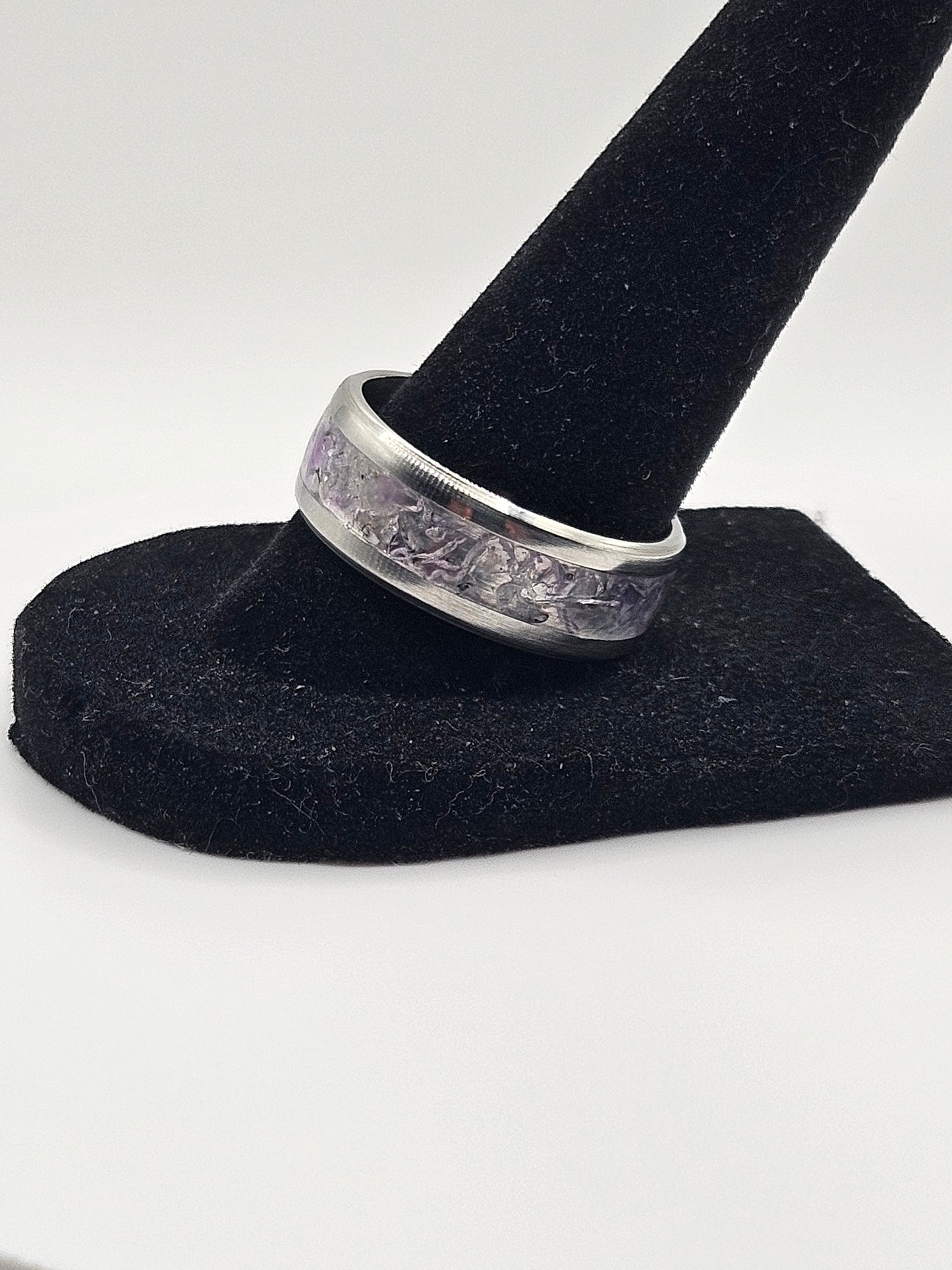 February's birthstone Amethyst Stainless Steel sizes 7-12 8mm width